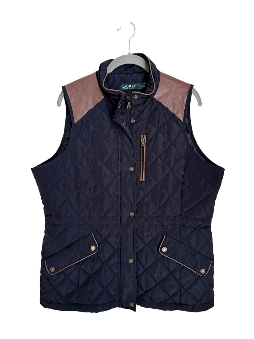 Lauren Ralph Lauren Quilted Vest Women’s Large Navy Faux Leather Trim Equestrian